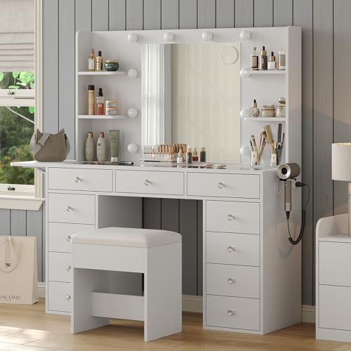 55" Vanity Desk with Charging Station and Lighted Mirror, Black Z765