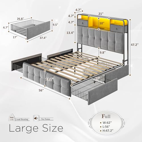 EnHomee King Size Bed Frame with 4 Drawers, Headboard, Charging Station and LED Lights, Grey I310
