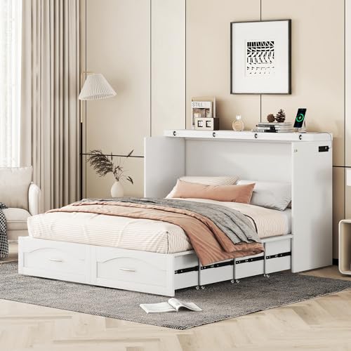 Queen Size Murphy Wall Bed with Storage and Bookcase Headboard, Solid Wood, White F901