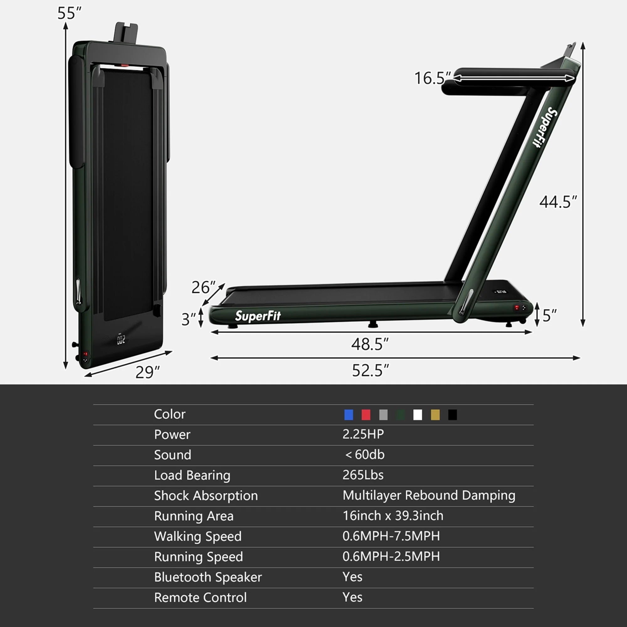 SuperFit 2 in 1 Folding Treadmill with APP Control Speaker Black D991
