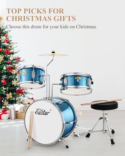 Eastar 3-Piece Kids Drum Kit for Beginners, 14 Inch, Metallic Sky Blue Y27429