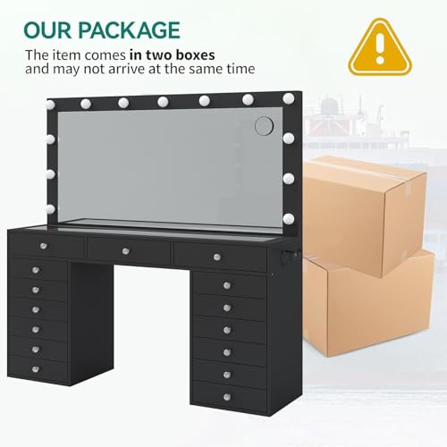 55" Vanity Desk with Charging Station and Lighted Mirror, Black Z765