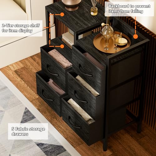 Furnulem 5 Drawer Black Fabric Dresser for Bedroom with Metal Frame D6974