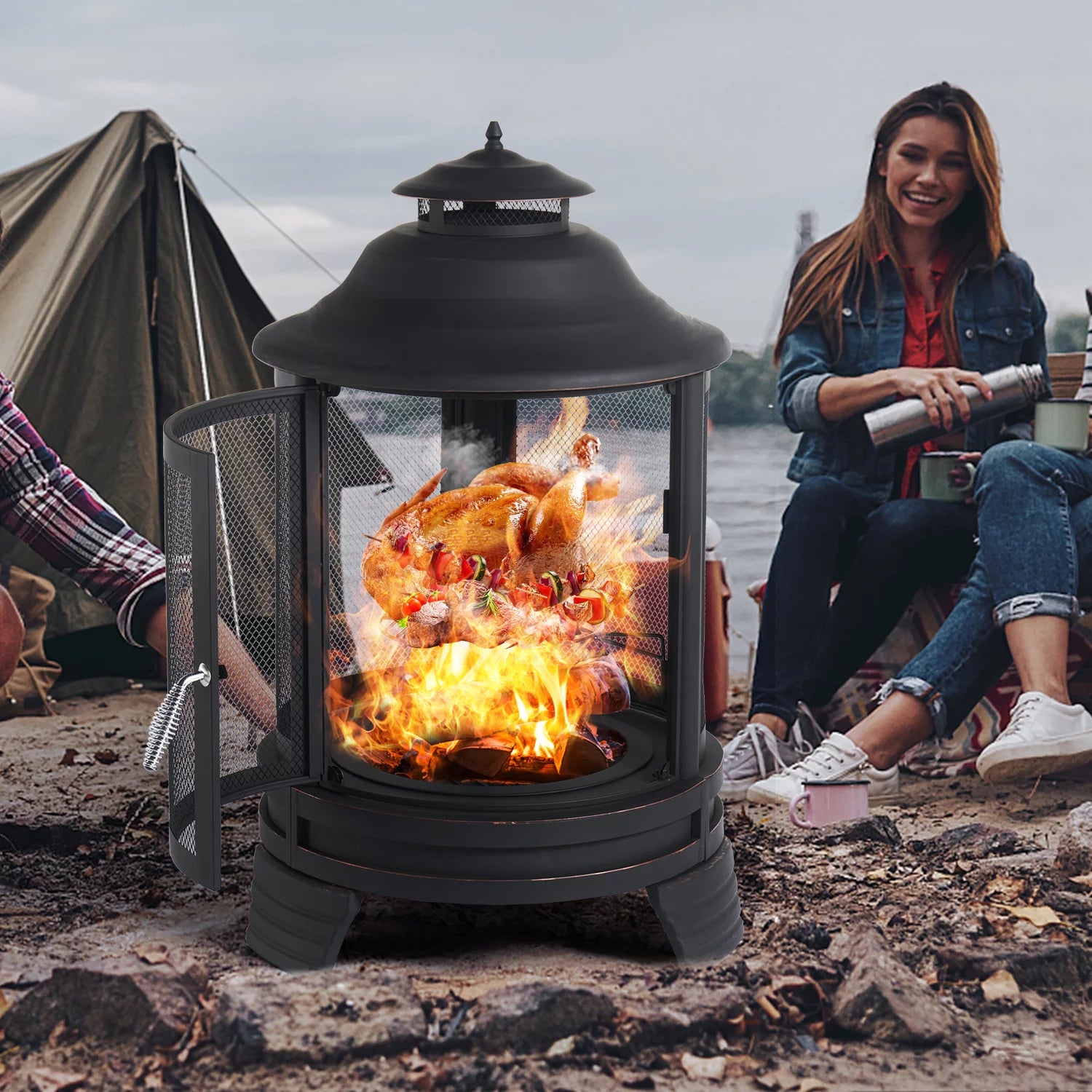 BaPiPro Fire Pit for Outside with Removable Grill, Black Pagoda Y790