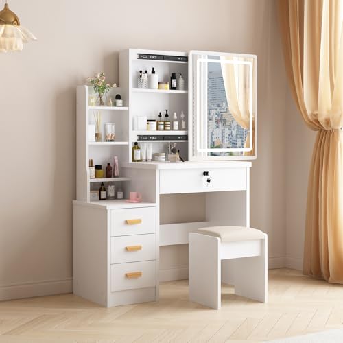 Vanity Desk with Mirror and Lights, 3 Lighting Modes, White T175312