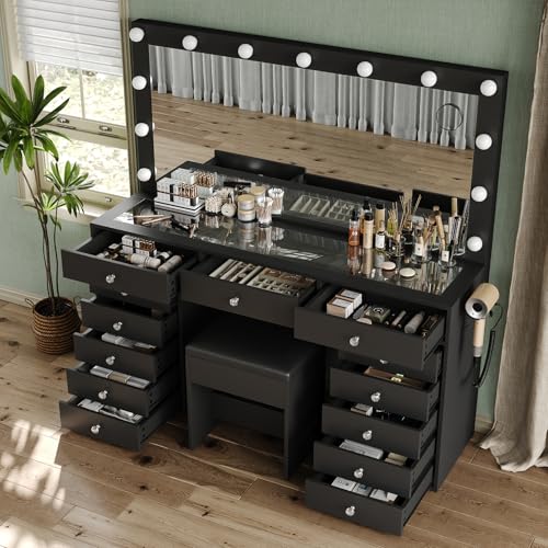 55" Vanity Desk with Charging Station and Lighted Mirror, Black Z765