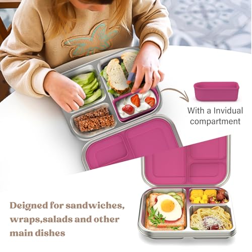 Stainless Steel Bento Box for Kids, 3 Compartments, Leak Proof, Dishwasher Safe, Pink A5921