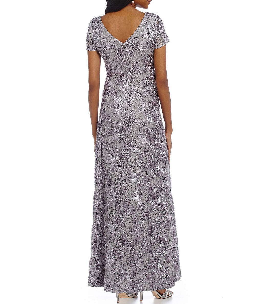 Alex Evenings Petite Rosette Lace A-Line Gown Navy D287234