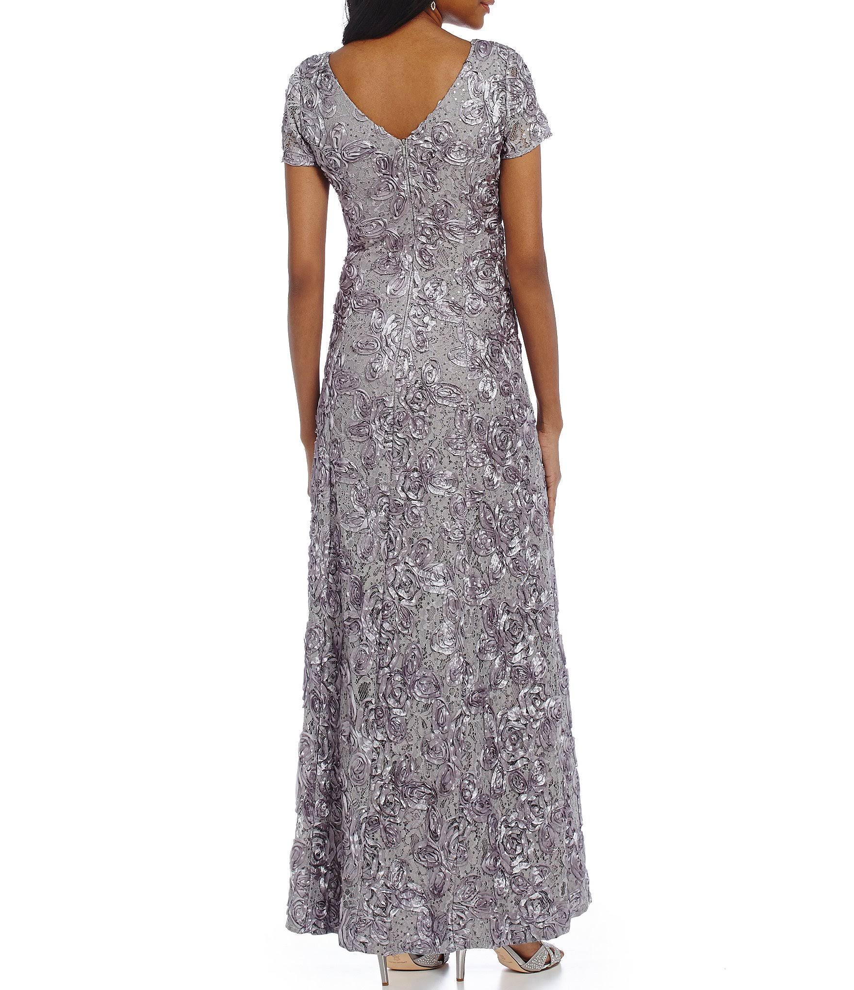 Alex Evenings Petite Rosette Lace A-Line Gown Navy D287234