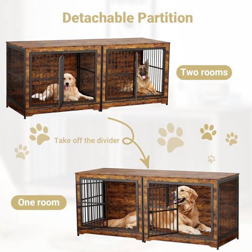 Rovibek 86" Stackable Dog Kennel Furniture with Removable Divider & 3 Doors, Rustic Brown I176