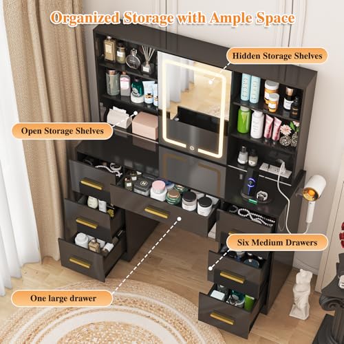 Large Vanity Desk with Mirror and Lights, 7 Drawers, White T162772