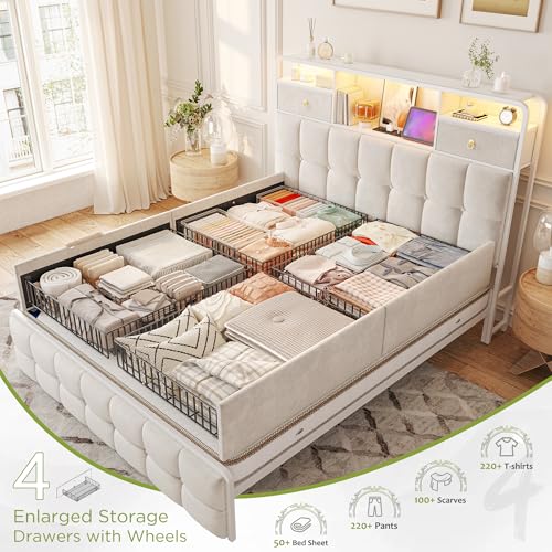 EnHomee King Size Bed Frame with 4 Drawers, Headboard, Charging Station and LED Lights, Grey I310