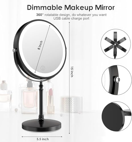 Lighted Makeup Mirror, Rechargeable Double Sided Magnifying Vanity Mirror, 3 Colors, 1x/10x F7514