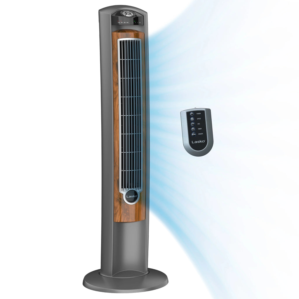 Lasko 42 Wind Curve Tower Fan with Ionizer and Remote, Gray/Woodgrain C6204