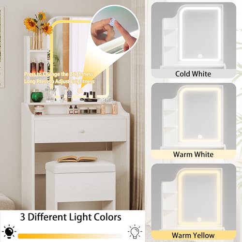 LIKIMIO Small Makeup Vanity Desk with Mirror and Lights, White S9485