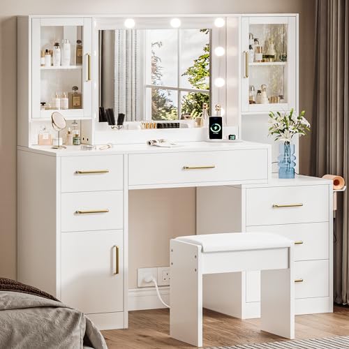White Makeup Vanity Desk with Charging Station and Lights K58637