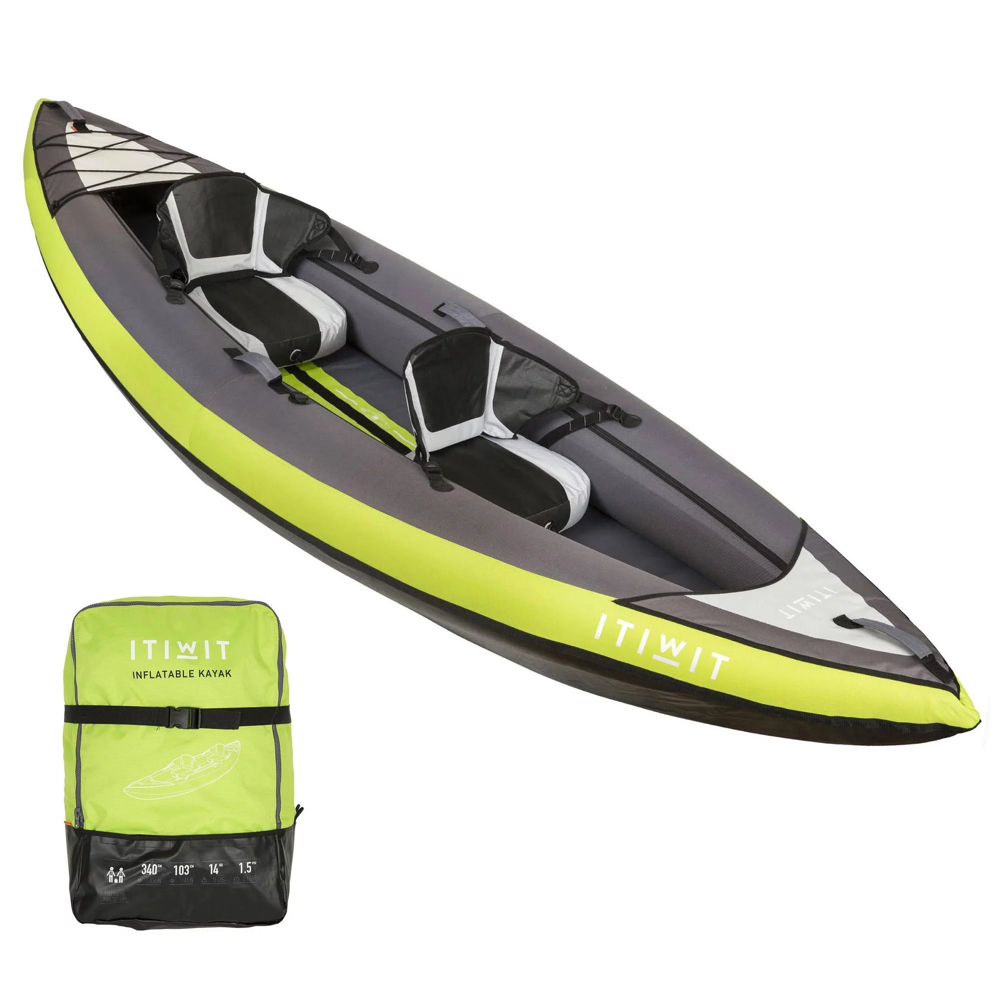 Decathlon Itiwit Inflatable Sit on Kayak with Pump, 1 or 2 Person, Green X618