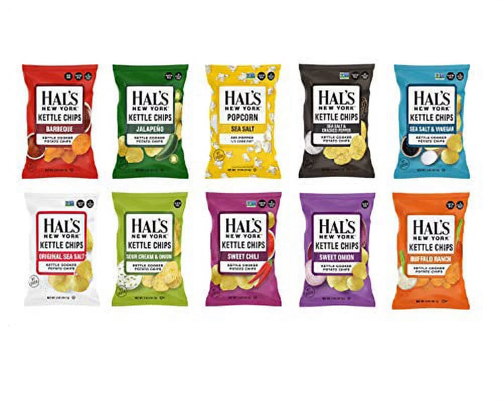Hal's New York Kettle Cooked Potato Chips, Gluten Free, 10 Flavor Variety Pack, 2 oz (Pack of 30) H458414