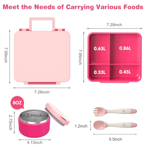 Bento Lunch Box with 8oz Soup Thermo, Kids Leakproof 4 Compartment, Pink B2720