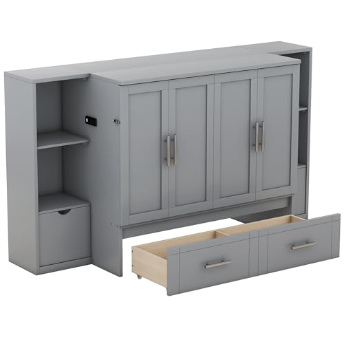 Queen Size Murphy Wall Bed with Storage and Bookcase Headboard, Solid Wood, White F901