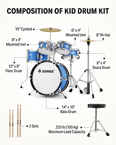 Donner 5-Piece Kid Drum Set for Beginners, 14 Inch Full Size, Metallic Black H8038