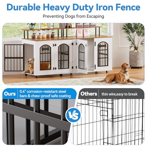 Double Dog Crate Furniture for 2 Dogs, 63" Wooden Kennel with Divider and Wheels D6553