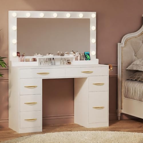 White Vanity Desk with Lights and Large Mirror F430