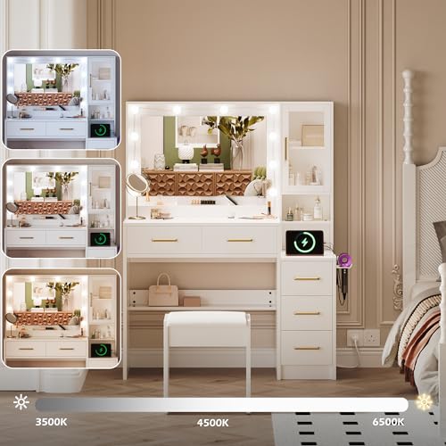 White Makeup Vanity Desk with Charging Station and Lights K58637