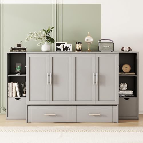 Queen Size Murphy Wall Bed with Storage and Bookcase Headboard, Solid Wood, White F901