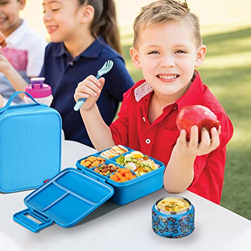 Bento Lunch Box for Kids with 5 Compartments and Thermos, Blue Dinosaur G749