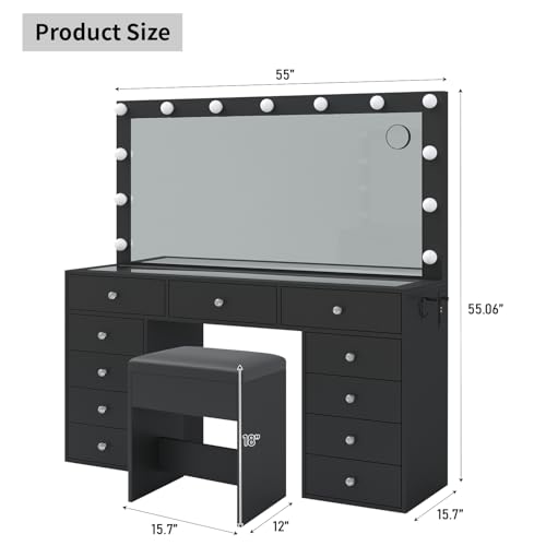 Vanity Desk with Power Outlet, LED Mirror, 11 Drawers and Chair, White H391193