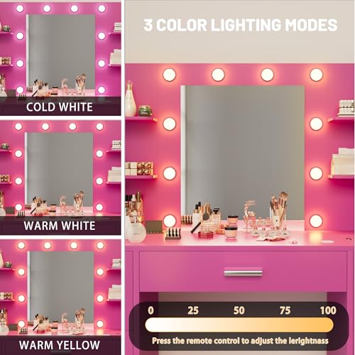 Furmax Vanity Desk with Mirror, LED Lights and Power Outlet, White O83814