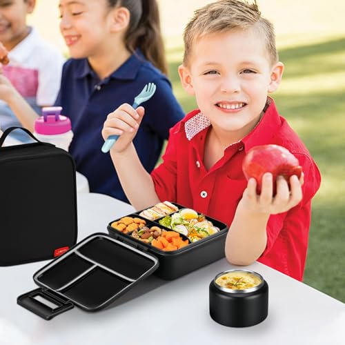Bento Lunch Box for Kids with 5 Compartments and Thermos, Blue Dinosaur G749