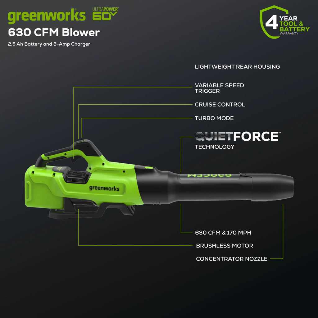 Greenworks 60V 630 CFM 170 MPH Leaf Blower with 2.5 Ah Battery & Charger N4416