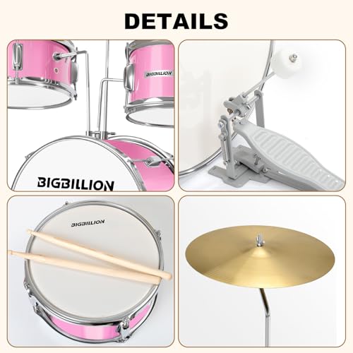 3-Piece Kids Drum Set with Cymbal, Pedal & Sticks (Pink) S64056