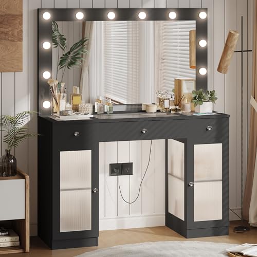 White Vanity Desk with Large Mirror and Lights for Bedroom I153
