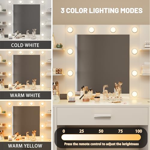 Furmax Vanity Desk with Mirror, LED Lights and Power Outlet, White O83814