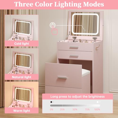 Compact Vanity with 3 Drawers, Makeup Desk with Lighted Mirror and Stool, White P76418