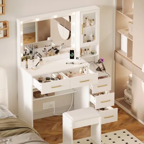 White Makeup Vanity Desk with Charging Station and Lights K58637