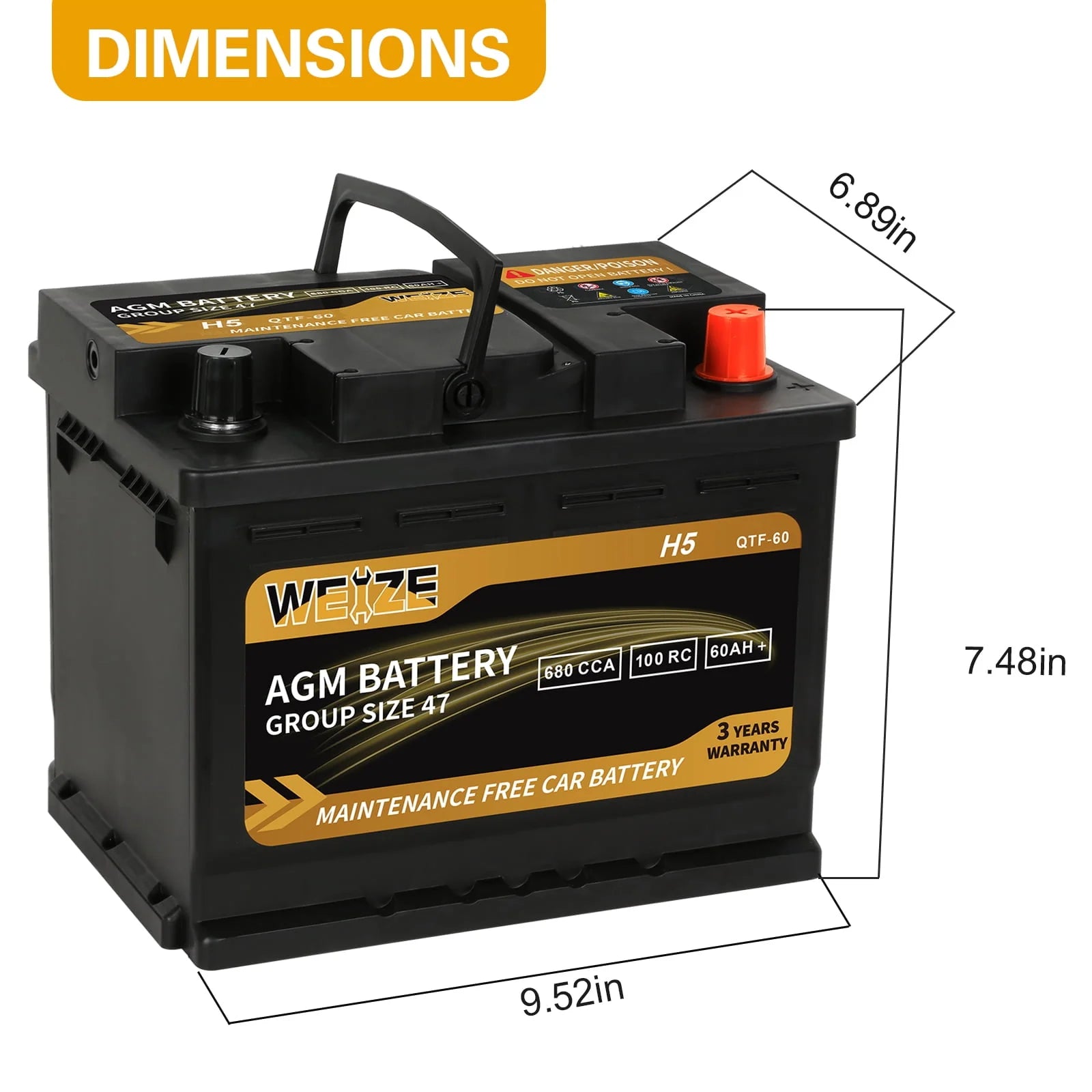 Weize Platinum AGM Automotive Battery Group 94R H7, 12V 80Ah N779