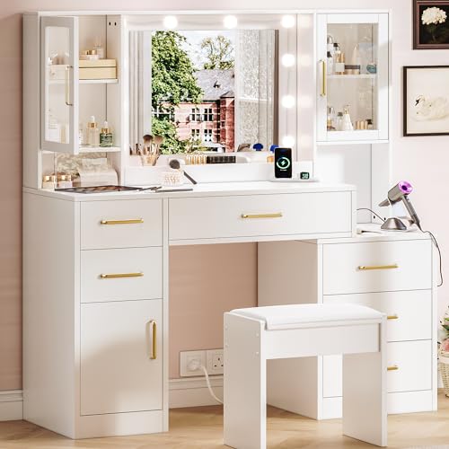White Makeup Vanity Desk with Charging Station and Lights K58637