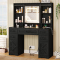 Afuhokles Vanity with Lighted Mirror, Glass Top Vanity Desk with Charging Station, Large Makeup Table with 5 Drawers, Black