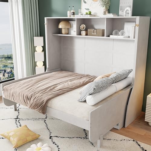 Antique White Solid Wood Full Size Murphy Bed with Desk and Storage Shelves Q958365