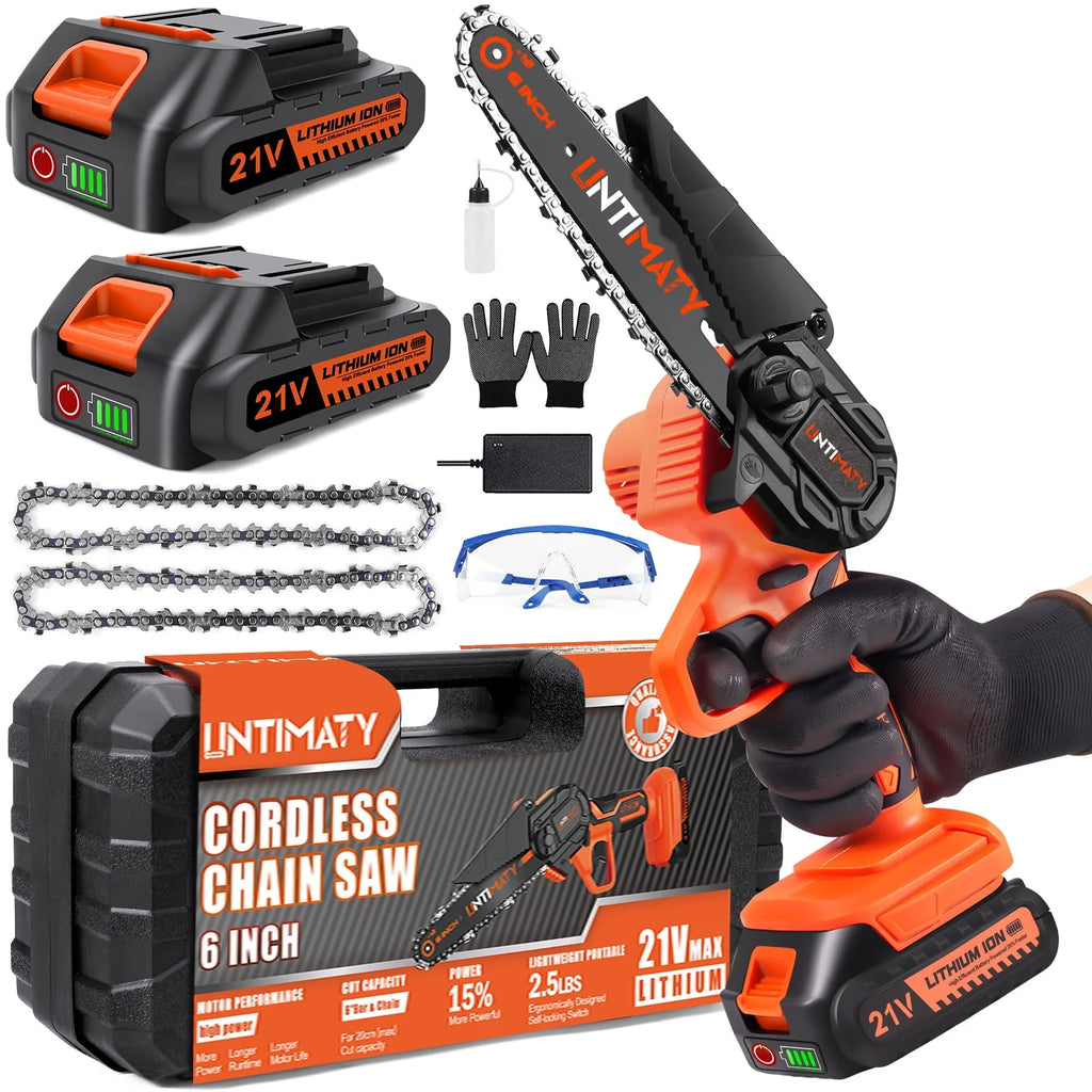 UNTIMATY 6 Mini Chainsaw with 2 Batteries 2 Chains, 6-Inch Cordless Handheld Chain Saw for Wood Cutting Tree Trimming
