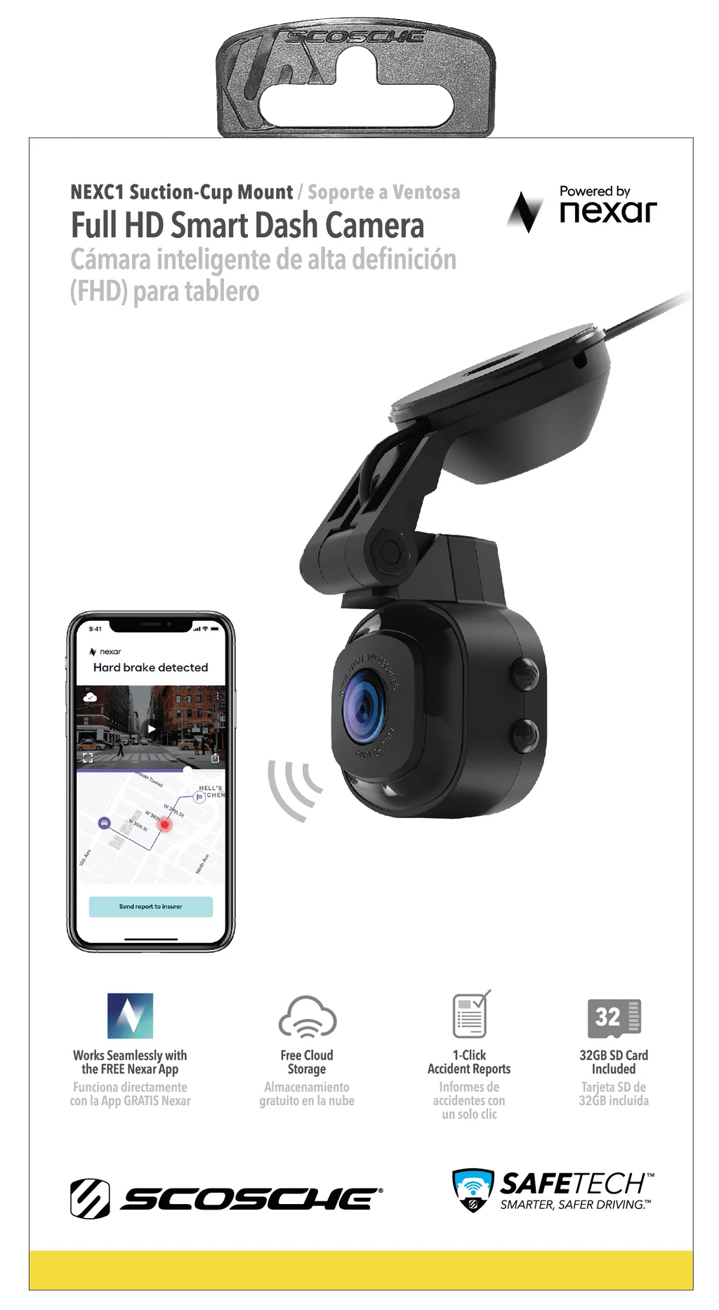 Scosche NEXC11032W-SP1 Full HD Smart Dash Cam Windshield Mount Black W784