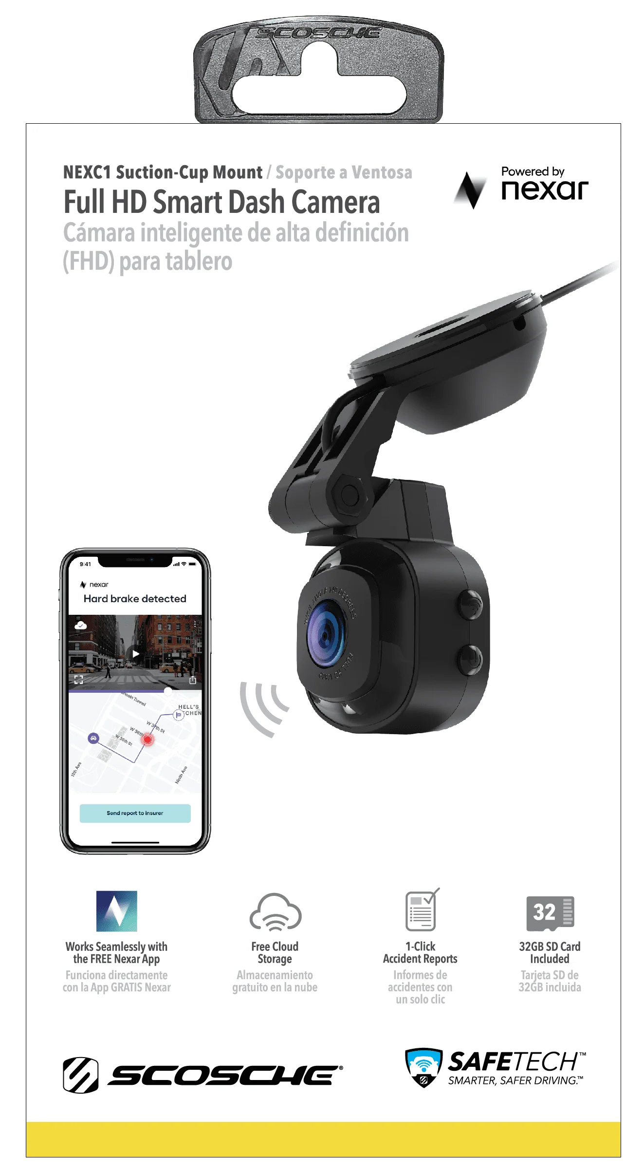 Scosche NEXC11032W-SP1 Full HD Smart Dash Cam Windshield Mount Black W784