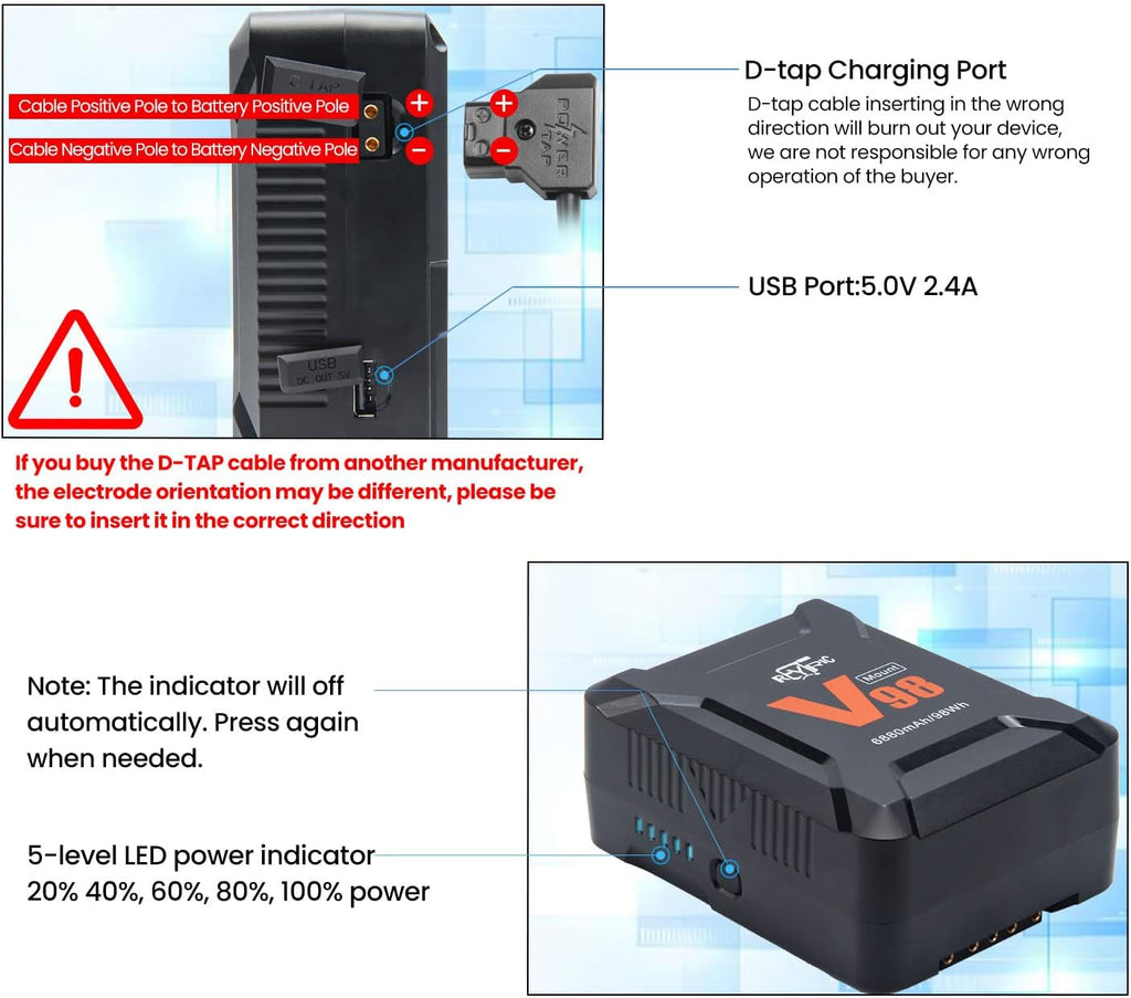 REYTRIC Mini V-Mount Battery 98Wh with D-Tap Cable for Blackmagic, Aputure, Monitor B39099
