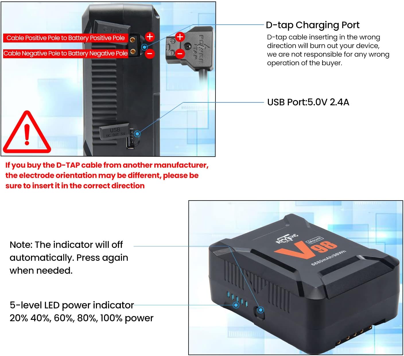 REYTRIC Mini V-Mount Battery 98Wh with D-Tap Cable for Blackmagic, Aputure, Monitor B39099