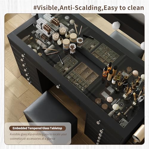 55" Vanity Desk with Charging Station and Lighted Mirror, Black Z765