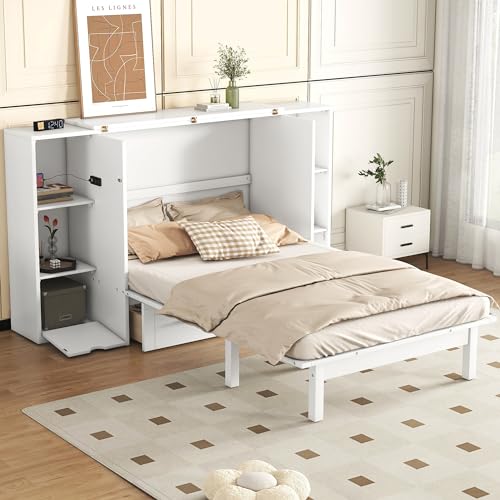 Queen Size Murphy Wall Bed with Storage and Bookcase Headboard, Solid Wood, White F901